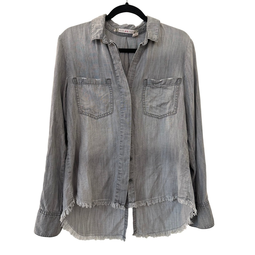 Chelsea & Violet Gray Button Down Frayed High Low Hem Sz S Western Boho Minimal